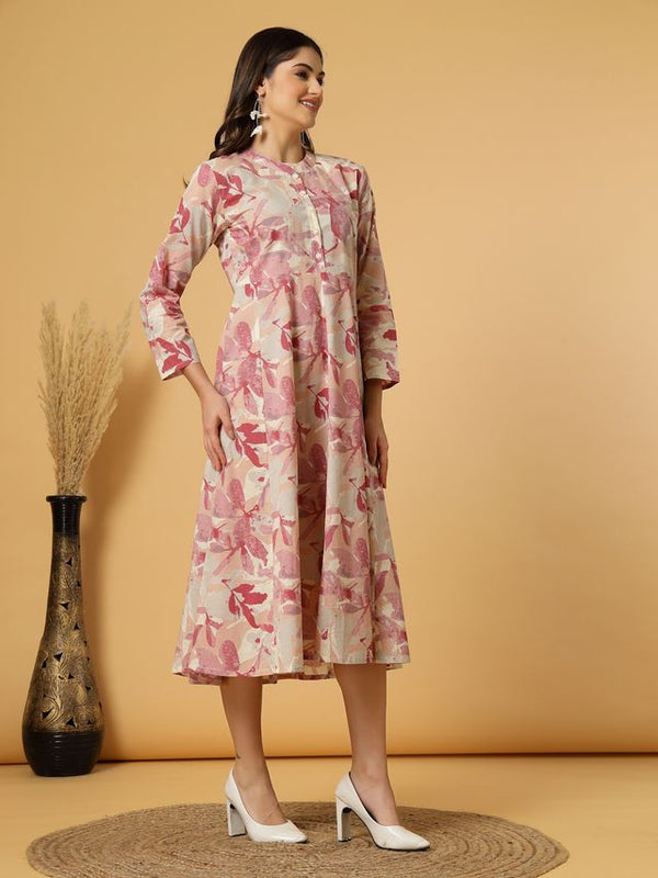 Largish Women's Maroon Printed Cotton Anarkali Flared Dress