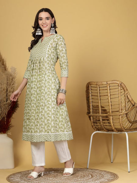 Largish Women's Light Green Floral Print Cotton A-Line Kurta