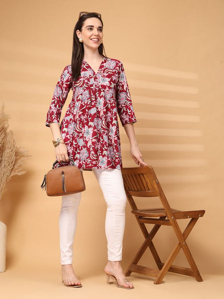 Largish Maroon Floral Printed Kurta for Women