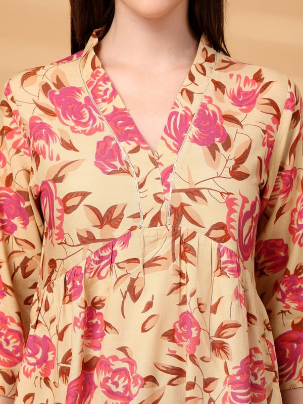 Largish Beige Floral Printed Kurta for Women