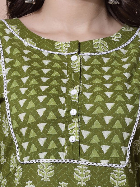 Largish Green Floral Print Straight Kurta