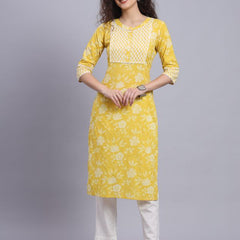 Largish Yellow Floral Print Straight Kurta