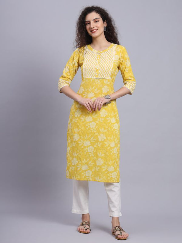 Largish Yellow Floral Print Straight Kurta