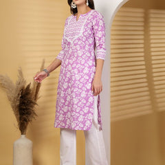 Largish Lavender Blossom Printed Cotton Kurta with Chevron Yoke