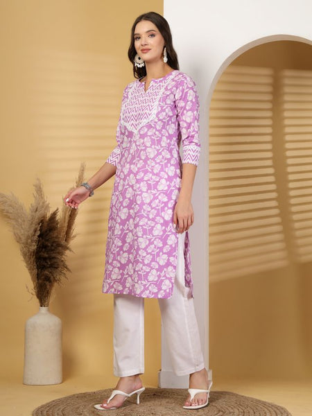Largish Lavender Blossom Printed Cotton Kurta with Chevron Yoke