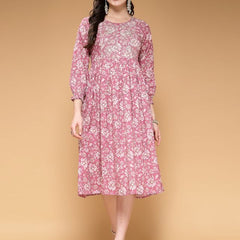 Largish Cotton Pink Floral Foil Print, Embroidered Dress