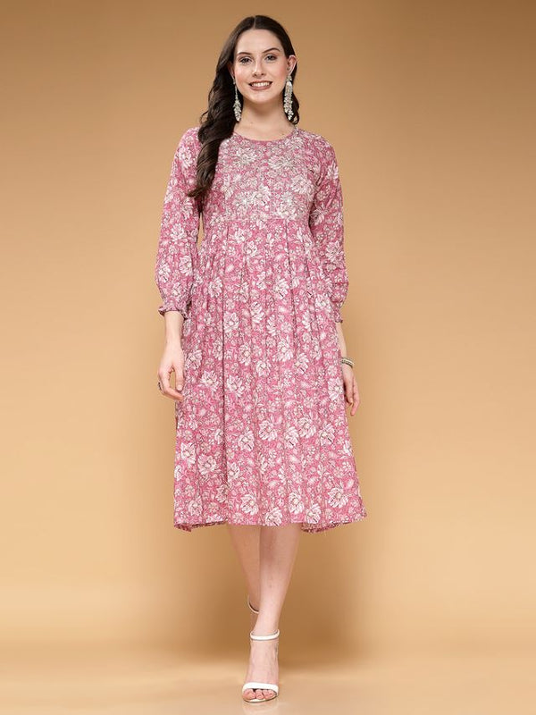 Largish Cotton Pink Floral Foil Print, Embroidered Dress