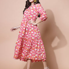 Largish Cotton Floral Print Tiered and Flared A-line Dress