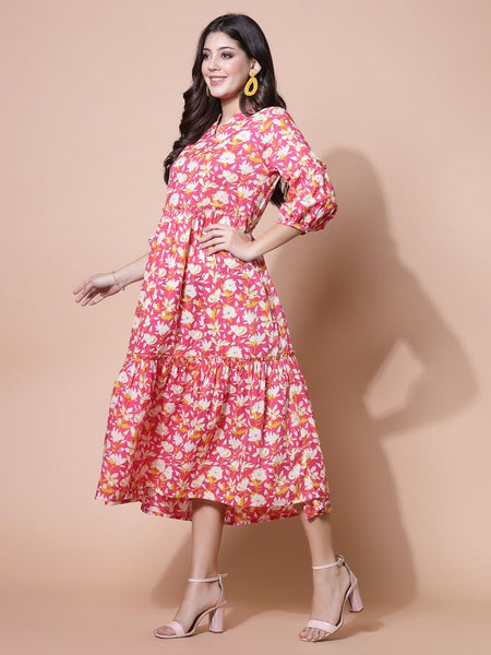 Largish Cotton Floral Print Tiered and Flared A-line Dress