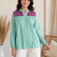 Mint Green Printed Shirt with Contrast Yoke