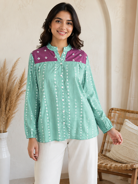 Mint Green Printed Shirt with Contrast Yoke