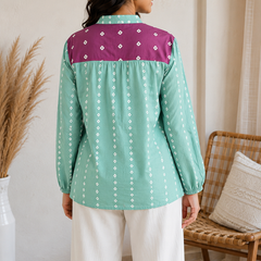 Mint Green Printed Shirt with Contrast Yoke