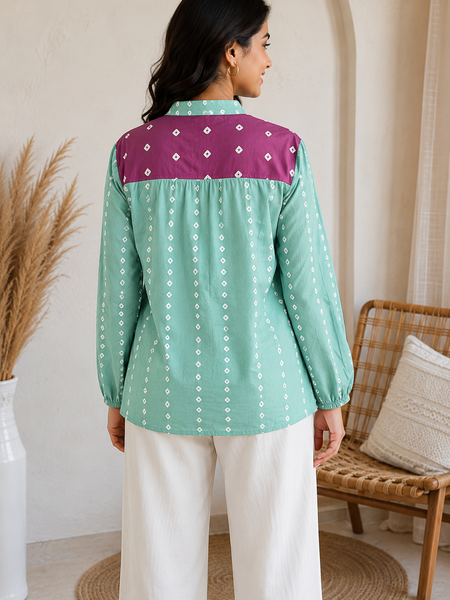 Mint Green Printed Shirt with Contrast Yoke