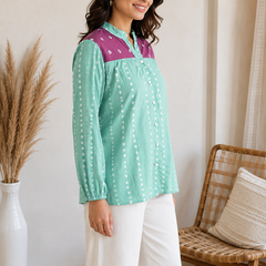 Mint Green Printed Shirt with Contrast Yoke