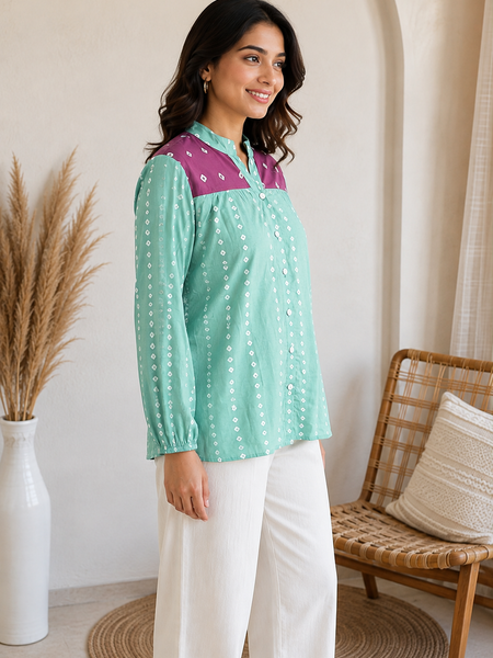Mint Green Printed Shirt with Contrast Yoke