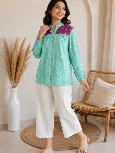 Mint Green Printed Shirt with Contrast Yoke