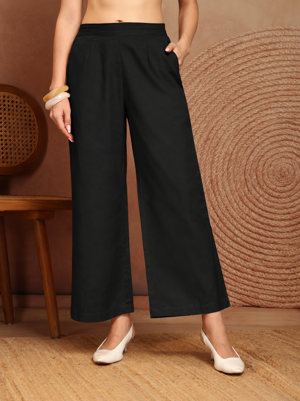 Women’s Black Wide-Leg Cotton Trousers