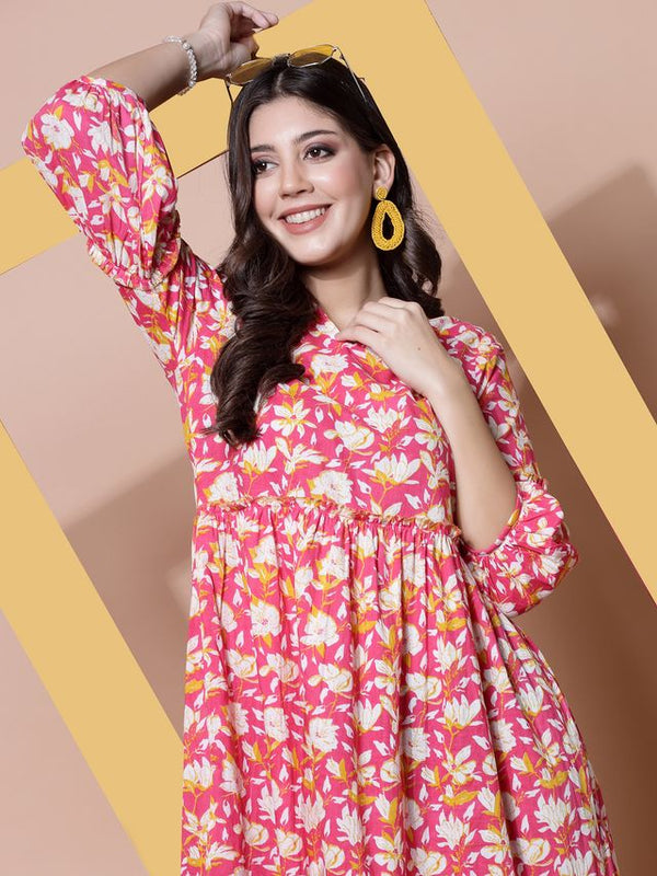 Largish Cotton Floral Print Tiered and Flared A-line Dress