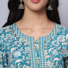 Largish Cotton Turquoise Foil Floral Print Kurta