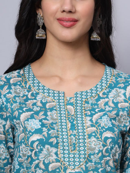 Largish Cotton Turquoise Foil Floral Print Kurta