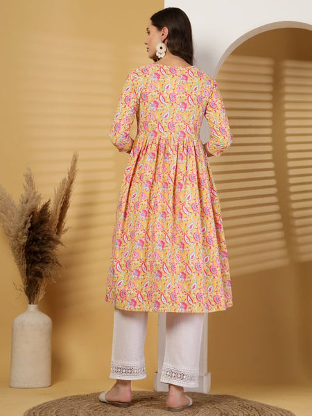 Largish Cotton Yellow Floral Print Kurta