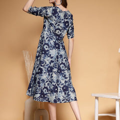 Largish Women's Blue Printed Cotton Umbrella Cut Flared Dress