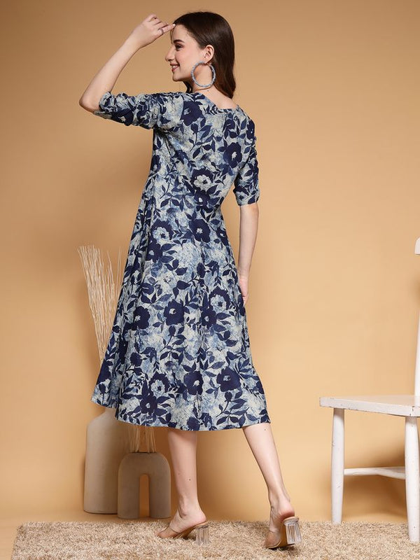 Largish Women's Blue Printed Cotton Umbrella Cut Flared Dress