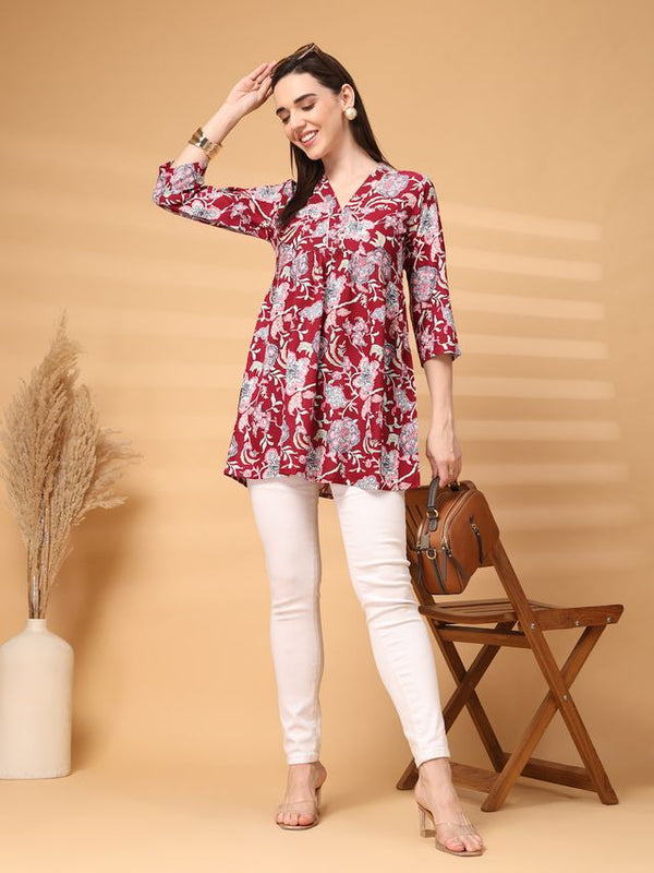 Largish Maroon Floral Printed Kurta for Women