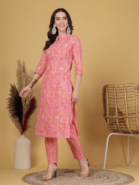 Largish Women's Peach Floral Print Cotton Kurta Pant Set