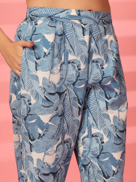 Largish Women's Blue Leaf Print Cotton Flex Co-Ord Set