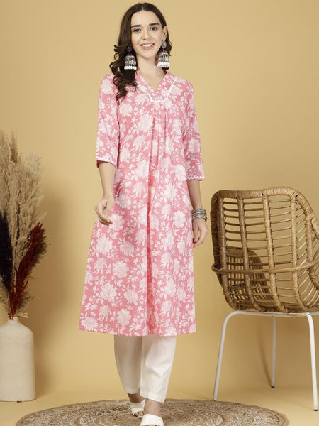 Largish Women's Pink Floral Print Cotton Kurta Pant Set