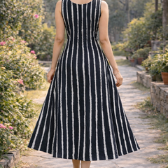 Largish Stylish women’s black & white striped A-line Premium Cotton dress