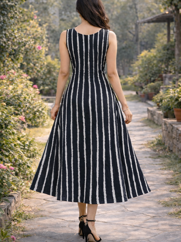 Largish Stylish women’s black & white striped A-line Premium Cotton dress