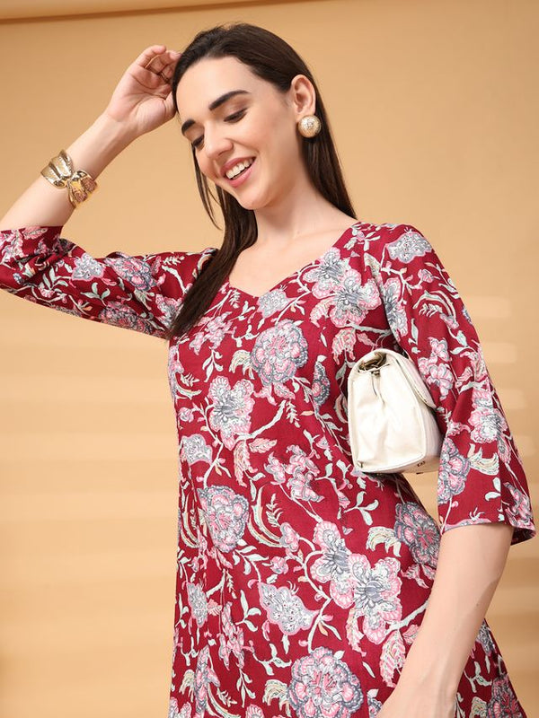 Largish Stylish Maroon Rayon floral print kurti
