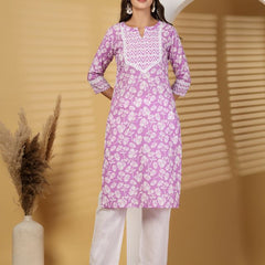 Largish Lavender Blossom Printed Cotton Kurta with Chevron Yoke