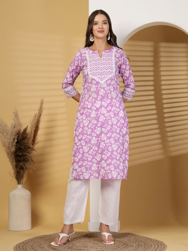 Largish Lavender Blossom Printed Cotton Kurta with Chevron Yoke