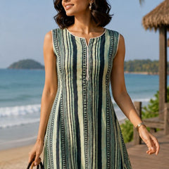 Largish Stylish women’s Green striped A-line Premium Cotton dress