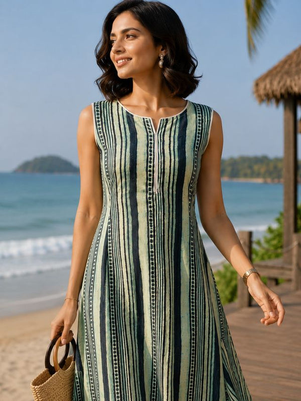 Largish Stylish women’s Green striped A-line Premium Cotton dress