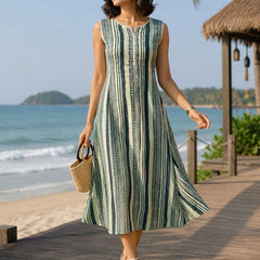 Largish Stylish women’s Green striped A-line Premium Cotton dress