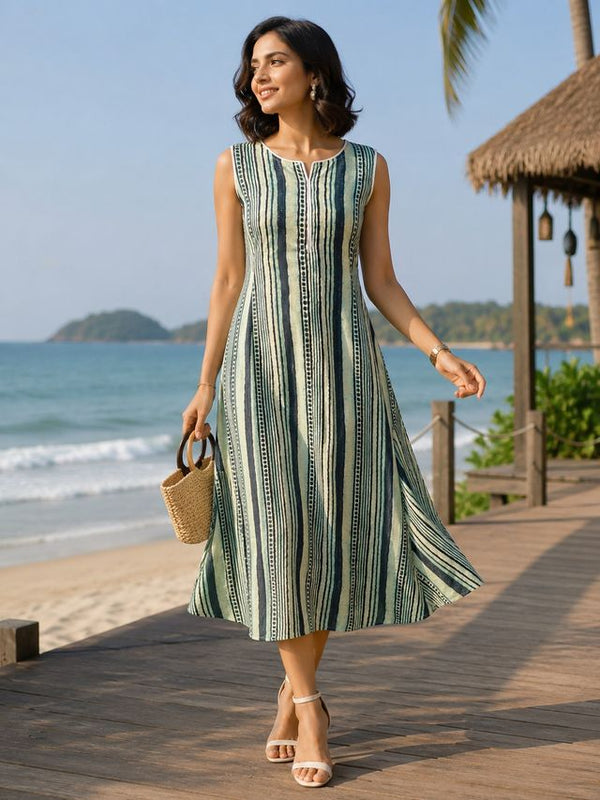 Largish Stylish women’s Green striped A-line Premium Cotton dress