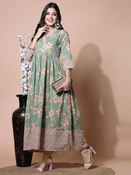 Largish Light Green Cotton Lurex Floral Print Gown