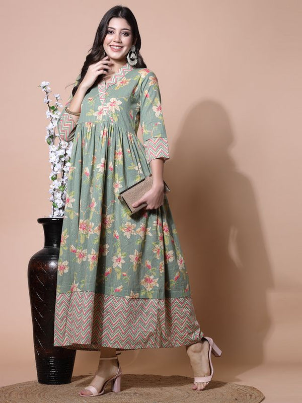 Largish Light Green Cotton Lurex Floral Print Gown