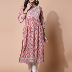 Largish Women's Peach Cotton Printed Nayra Cut Straight Kurta