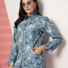 Largish Women's Blue Leaf Print Cotton Flex Co-Ord Set