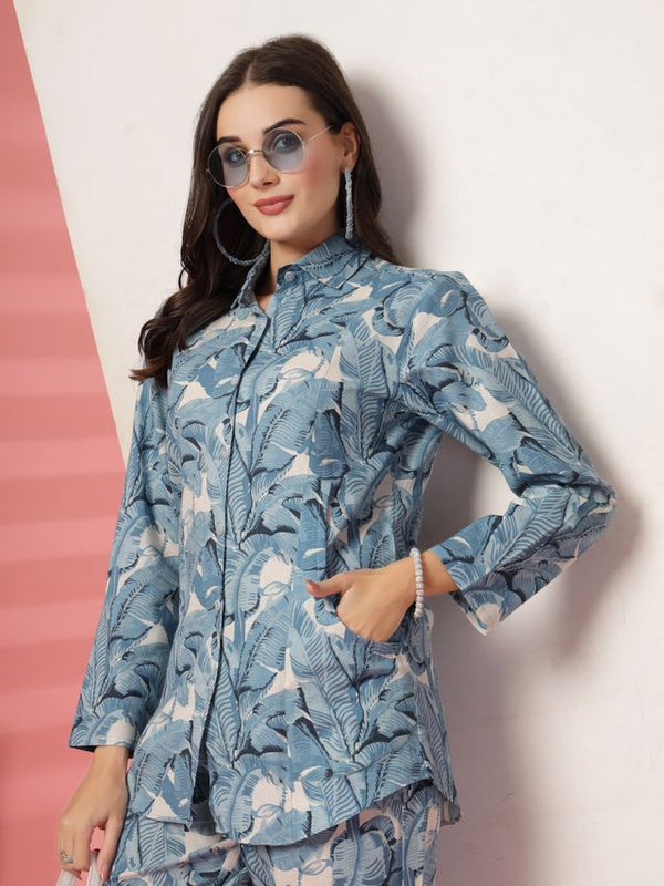 Largish Women's Blue Leaf Print Cotton Flex Co-Ord Set