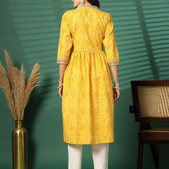 Largish Women's Yellow Floral Print Cotton Naira Cut Kurta