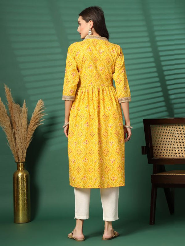 Largish Women's Yellow Floral Print Cotton Naira Cut Kurta