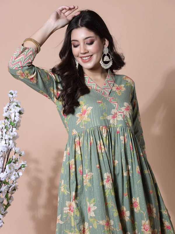 Largish Light Green Cotton Lurex Floral Print Gown