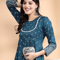 Largish Rayon Pigment print Teal blue Anarkali full maxi Dress