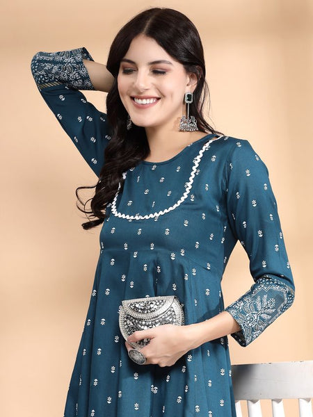 Largish Rayon Pigment print Teal blue Anarkali full maxi Dress